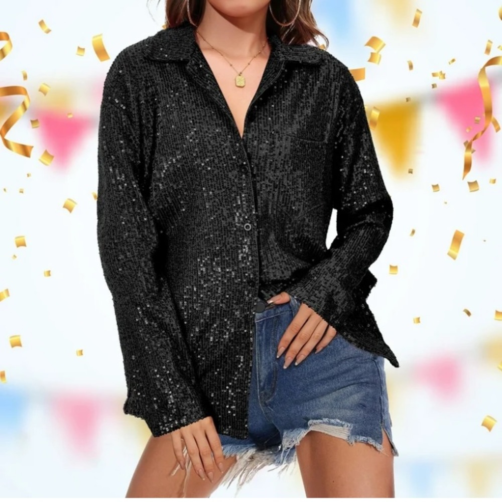 Halogen Black Sequin Button-Down Blouse NWT - image 1